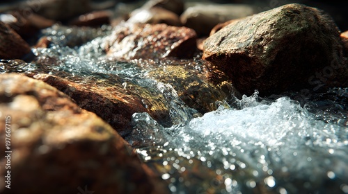 Close up crystal clear water flowing over river rocks in nature