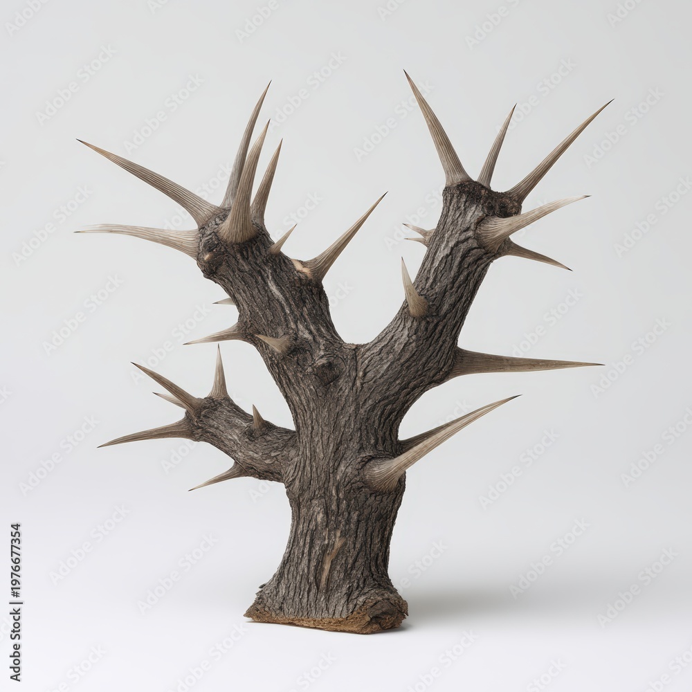 Fototapeta premium Small dead tree with large sharp thorns on a light background