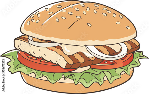 Restaurant style grilled chicken burger isolated with fresh vegetables and bun.