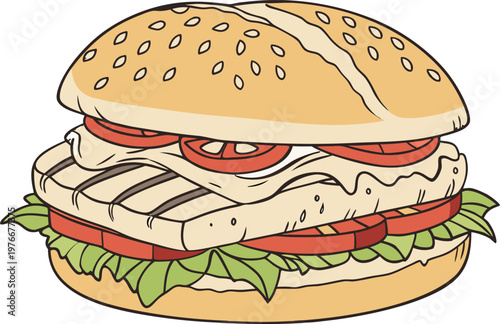 Classic chicken burger with lettuce and tomato, isolated fast food item.