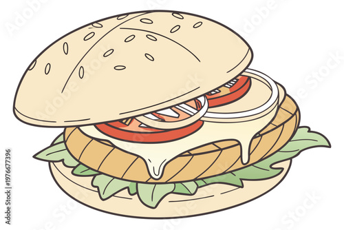 Delicious grilled chicken burger isolated with fresh lettuce and tomato, tasty fast food sandwich for menu design.