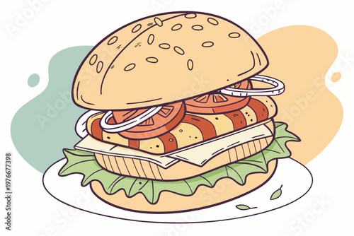 Grilled chicken sandwich with lettuce and tomato isolated on background, appetizing fast food concept.
