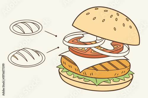 Fresh chicken sandwich with crispy lettuce and tomato, delicious fast food isolated.