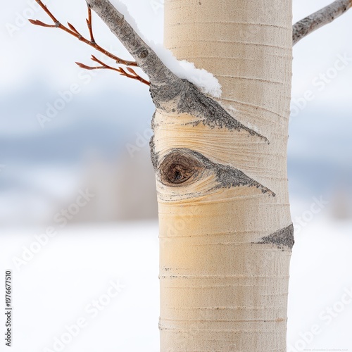 Close up of an aspen tree trunk with eye shaped knot in winter snow
