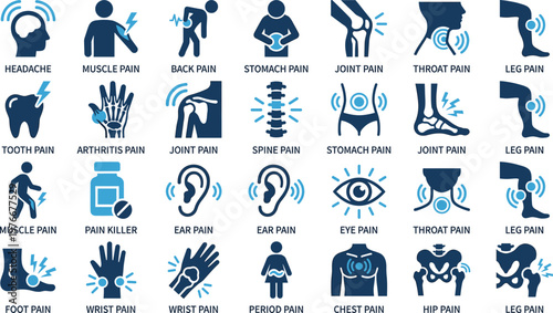 Medical Pain and Health Symptoms Icon Set Featuring Headache, Back Pain, Joint Pain, Ear Pain, Chest Pain, Injury, and Body Ache Illustrations