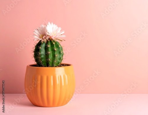 Close-up of a flowering cactus in an orange pot against a pink background