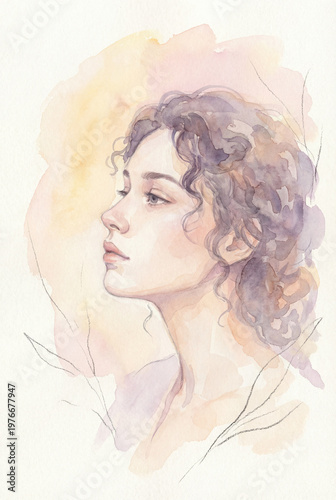 dreamy watercolor portrait of a woman with delicate facial features soft skin