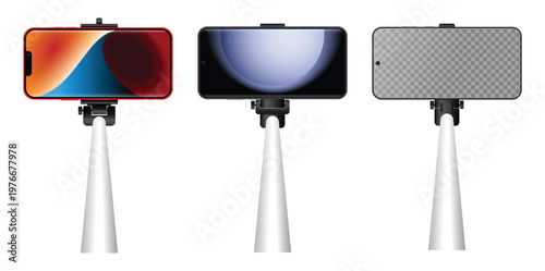 Modern smartphone mounted on a selfie stick tripod shown from multiple screen variations, isolated on white background. Portable device setup commonly used for video recording, vlogging, live  