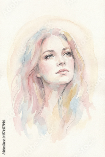 dreamy watercolor portrait of a woman with delicate facial features soft skin