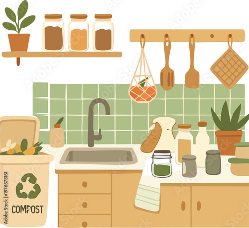 Eco friendly kitchen with compost bin sustainable lifestyle and zero waste home concept illustration
