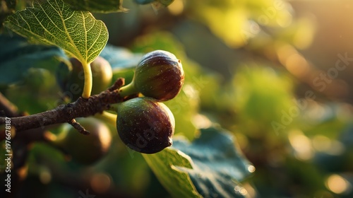 Fresh ripe figs on branch, organic fig tree leaves, golden hour orchard sun