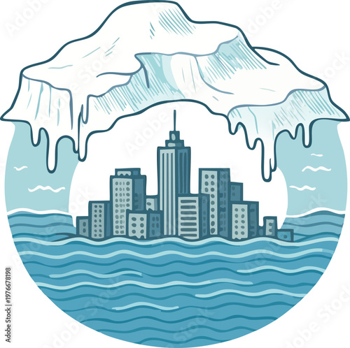 Global warming concept with melting iceberg over flooded city skyline