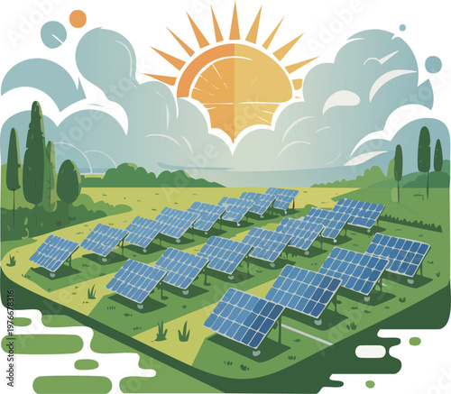 Solar energy farm with photovoltaic panels generating renewable electricity in green landscape