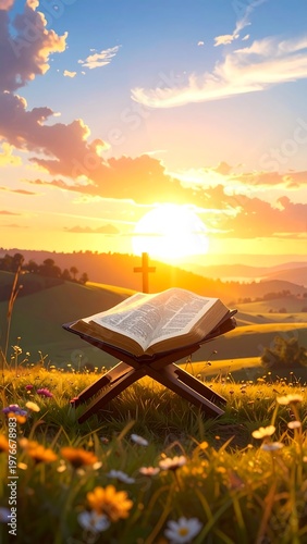 A serene landscape with an open book on a wooden stand