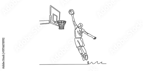 A single continuous line drawing of a basketball player jumping high to dunk the ball in the hoop Vector, illustration