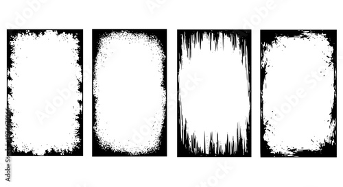 Grunge overlay frames, textured stamps with brush stroke effect. Vector template with rough edges. High-contrast grunge brush borders with distressed edges. Ideal as texture overlays. Transparent SVG.