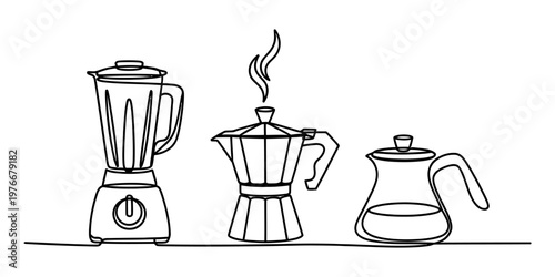A continuous line drawing illustration featuring a kitchen blender and two types of coffee makers Vector, illustration