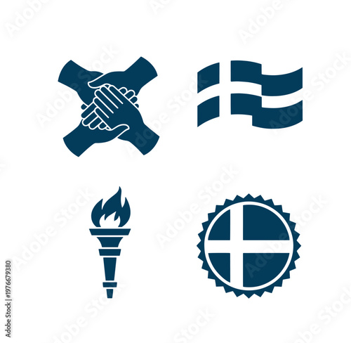 Blue icons of handshake Denmark flag torch and seal on white background
