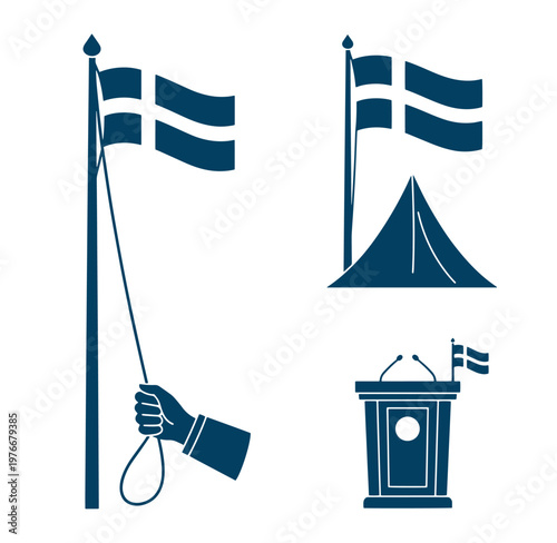 Blue icons of flags tent and lectern with microphones on white background