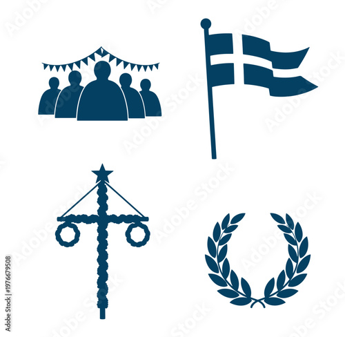 Blue icons of people celebrating Danish flag justice scales and laurel wreath on white background