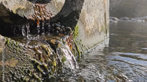 Closeup of Water Flowing from Mossy Stone Structure