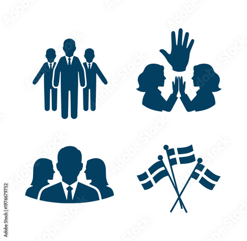 blue silhouette icons of people and danish flags on white background