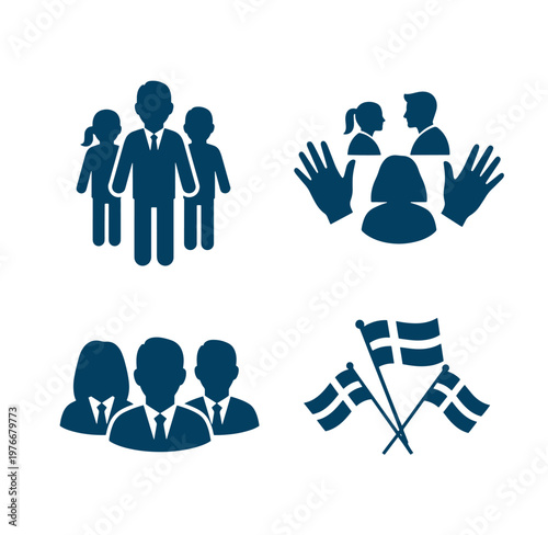 blue silhouette icons of people and danish flags on white background