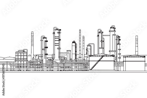Industrial oil refinery and chemical plant line art illustration.