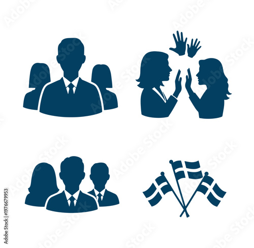 blue silhouettes of business people and flags on white background