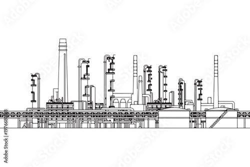 Industrial oil refinery and chemical plant line art illustration.