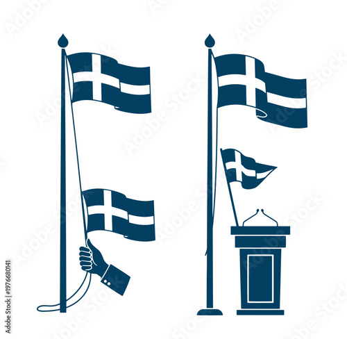 Blue silhouettes of Greek flags on poles and podium  national symbol