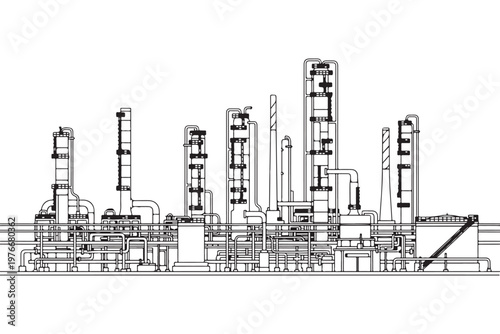 Industrial oil refinery and chemical plant line art illustration.