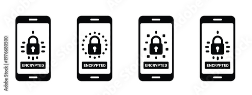 Encryption data on phone icon, clean vector illustration with mobile device and encryption symbols, highlighting data protection, secure messaging, and digital security, perfect for fintech, 