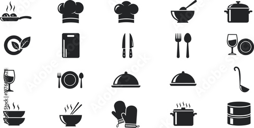 Flat vector illustration of black chef kitchen cooking icons set, chef hat, pot, pan, cutlery, plate, bowl and oven mitt symbols