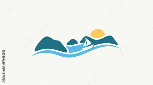 Minimalist Landscape Logo with Boat and Mountains