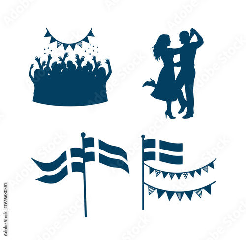 Blue silhouettes of people dancing and celebrating with flags and bunting on white background