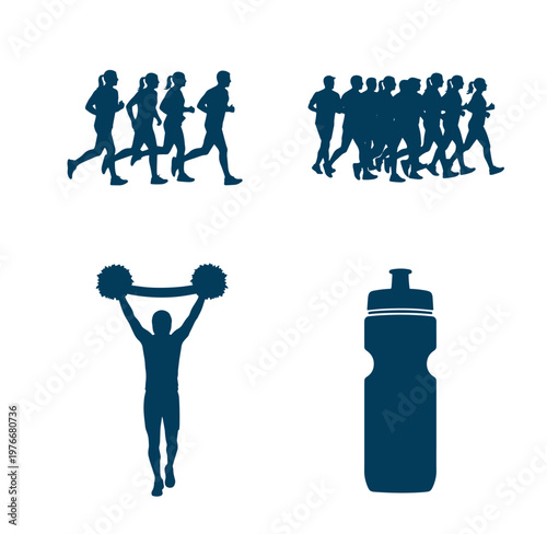 Blue silhouettes of people running and a cheerleader with a water bottle