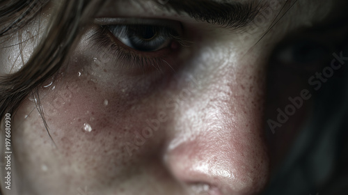 Close-up view of a person with tears running down face and reflecting sorrow