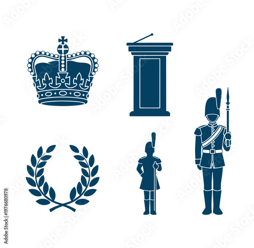 British royal guard symbols and icons including crown podium laurel wreath and soldiers
