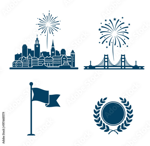 City skyline with fireworks and flag icon set with laurel wreath emblem