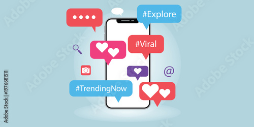 Social media icons and notifications on a smartphone screen with trending symbols