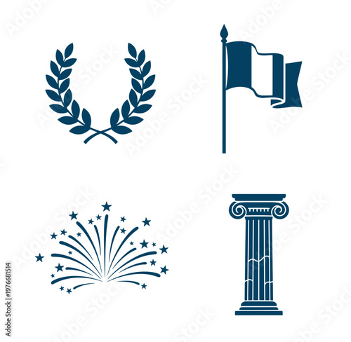 collection of graphic design elements including laurel wreath flag column and firework explosion icons