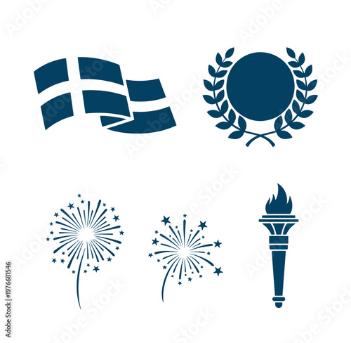 collection of icons including flag starburst laurel wreath and torch on white background