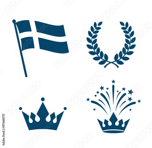Collection of royal and festive icons including crowns and laurel wreath on white background