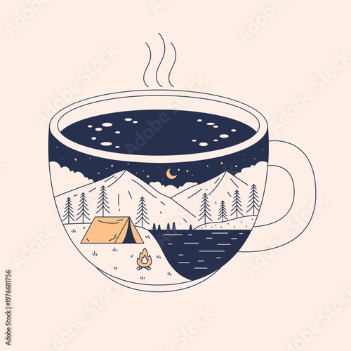 Camping Landscape in Coffee Cup – Minimalist Monoline Vector Illustration with Mountain Night Scene