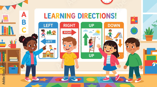 Children learning directions in classroom.
