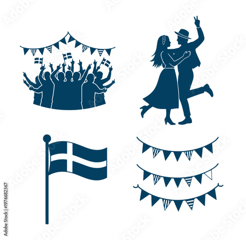 Denmark festival celebration with people dancing and waving flags  bunting decorations