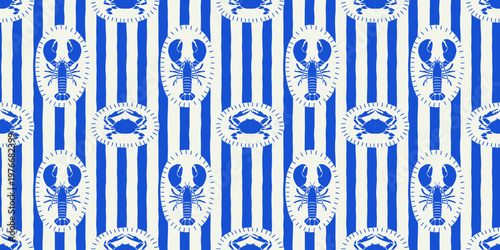 Vintage lobster seamless pattern. Italian sea food background illustration in hand drawn style. Retro mediterranean beach surface print design, summer vacation texture.