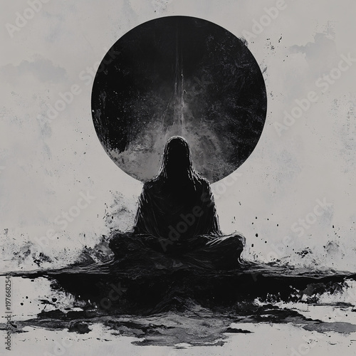 Spiritual silhouette meditating before a cosmic dark void