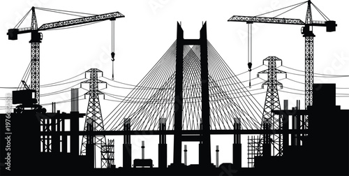 Industrial bridge construction site silhouette with tower cranes power line pylons and suspension structures isolated on white background for urban infrastructure